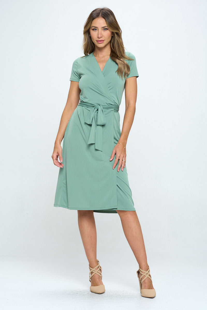 Solid V neck Wrap Dress with Tie