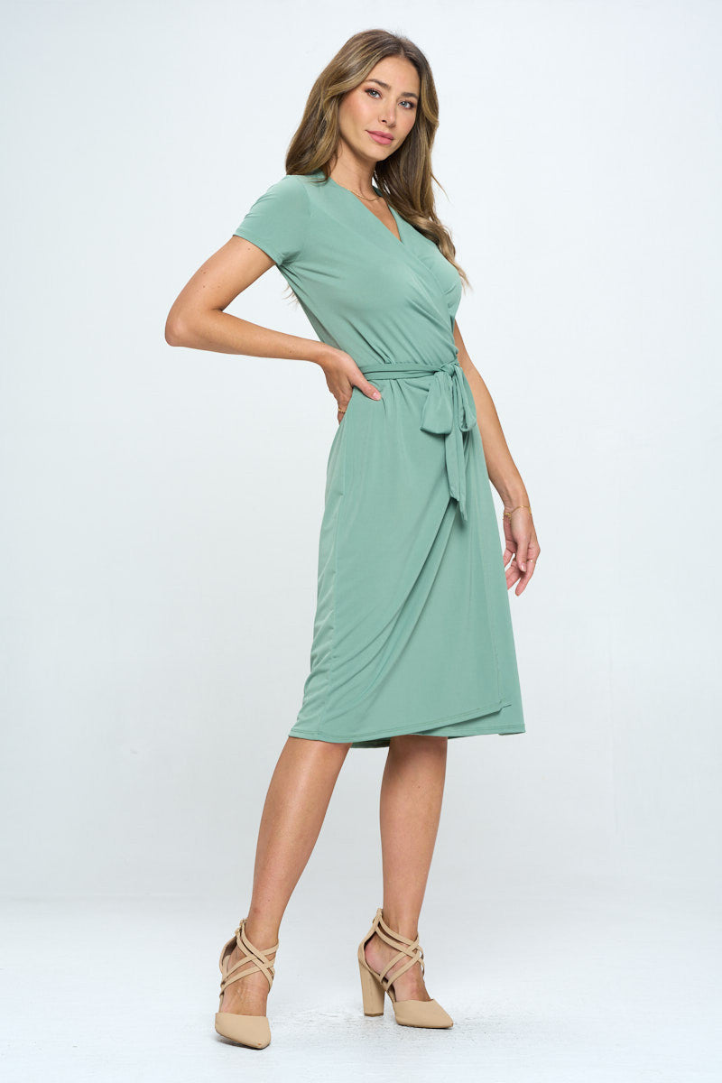 Solid V neck Wrap Dress with Tie