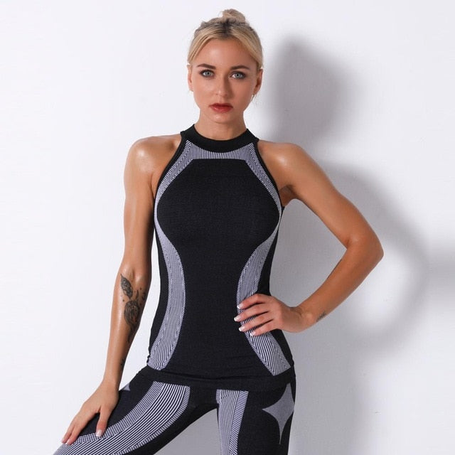 Seamless Color Patchwork Yoga Set Women Gym Clothes Fitness Sleeveless Tank Top Shorts Sports Suit Push Up Workout Tracksuit