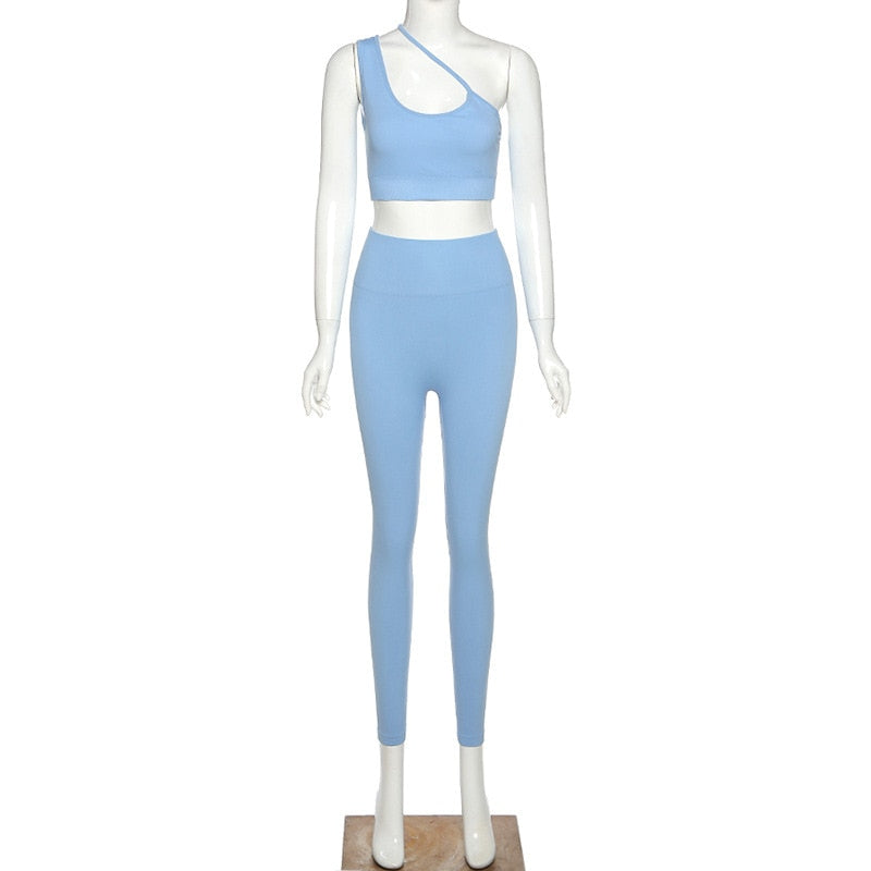 Seamless Solid Yoga Set Women Gym Clothes One Shoulder Crop Top Legging Sexy Fitness Sportswear Suit Running Workout Tracksuit