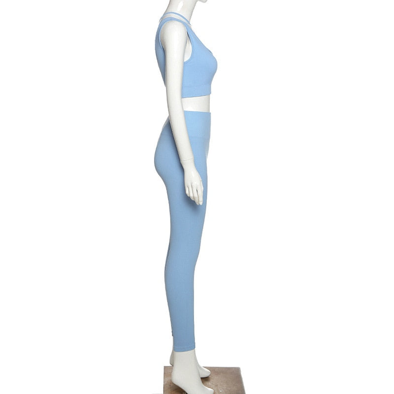 Seamless Solid Yoga Set Women Gym Clothes One Shoulder Crop Top Legging Sexy Fitness Sportswear Suit Running Workout Tracksuit