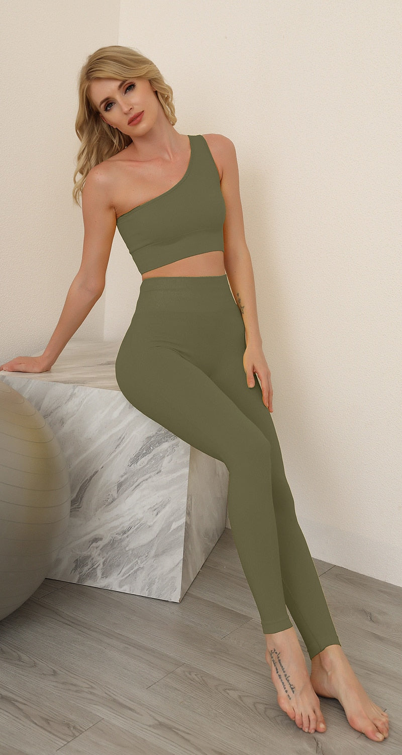 Women Solid Seamless Yoga Set Women Gym Clothes One Shoulder Crop Top And Leggings Fitness Tracksuit Workout Push Up Sports Suit