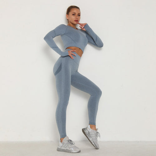Autumn Seamless Yoga Set Women Gym Clothes Solid Long Sleeve Crop Top Leggings Tracksuit Workout Push Up Sports Fitness 2 Piece