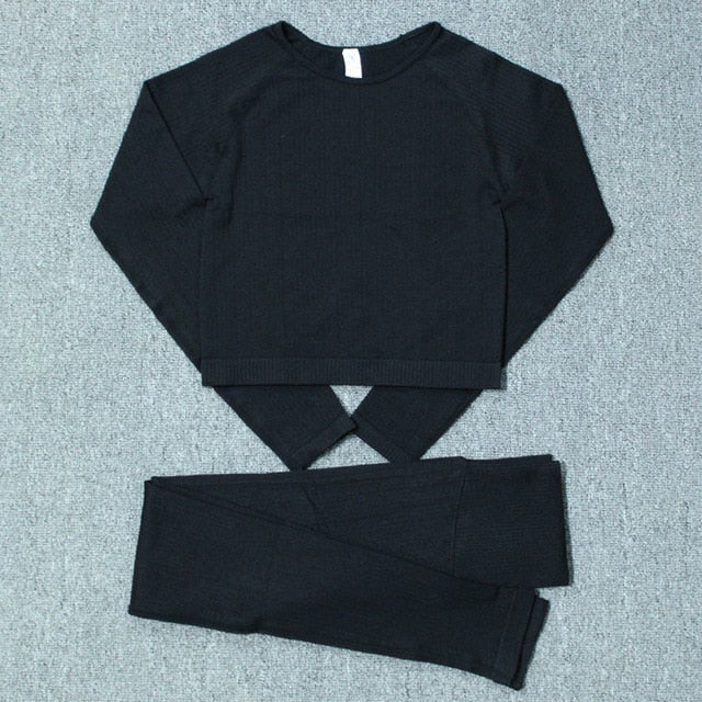 Autumn Seamless Yoga Set Women Gym Clothes Solid Long Sleeve Crop Top Leggings Tracksuit Workout Push Up Sports Fitness 2 Piece