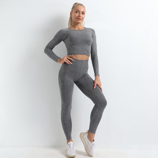 Autumn Seamless Yoga Set Women Gym Clothes Solid Long Sleeve Crop Top Leggings Tracksuit Workout Push Up Sports Fitness 2 Piece