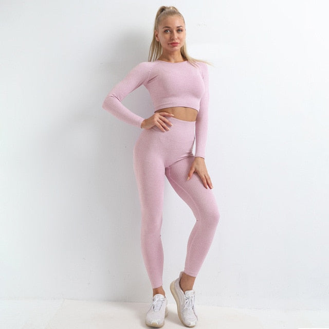 Autumn Seamless Yoga Set Women Gym Clothes Solid Long Sleeve Crop Top Leggings Tracksuit Workout Push Up Sports Fitness 2 Piece