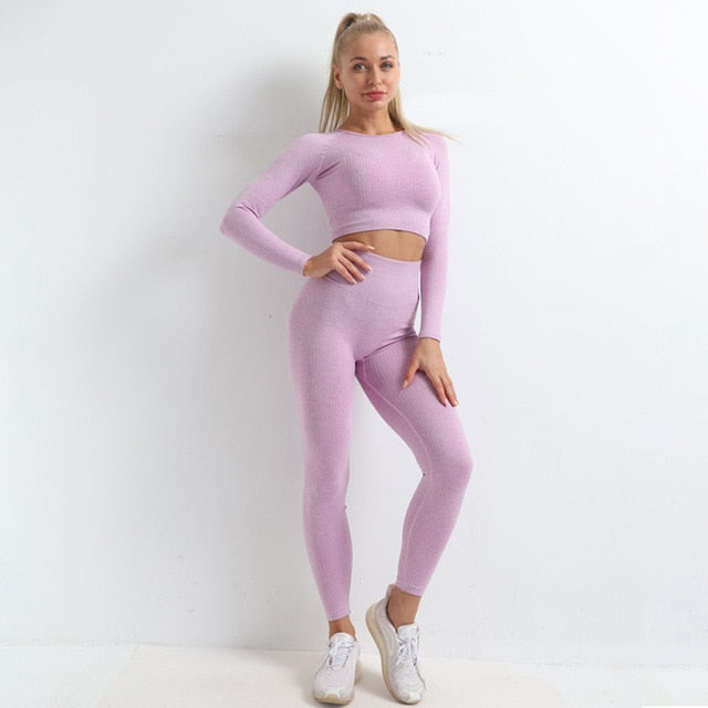 Autumn Seamless Yoga Set Women Gym Clothes Solid Long Sleeve Crop Top Leggings Tracksuit Workout Push Up Sports Fitness 2 Piece